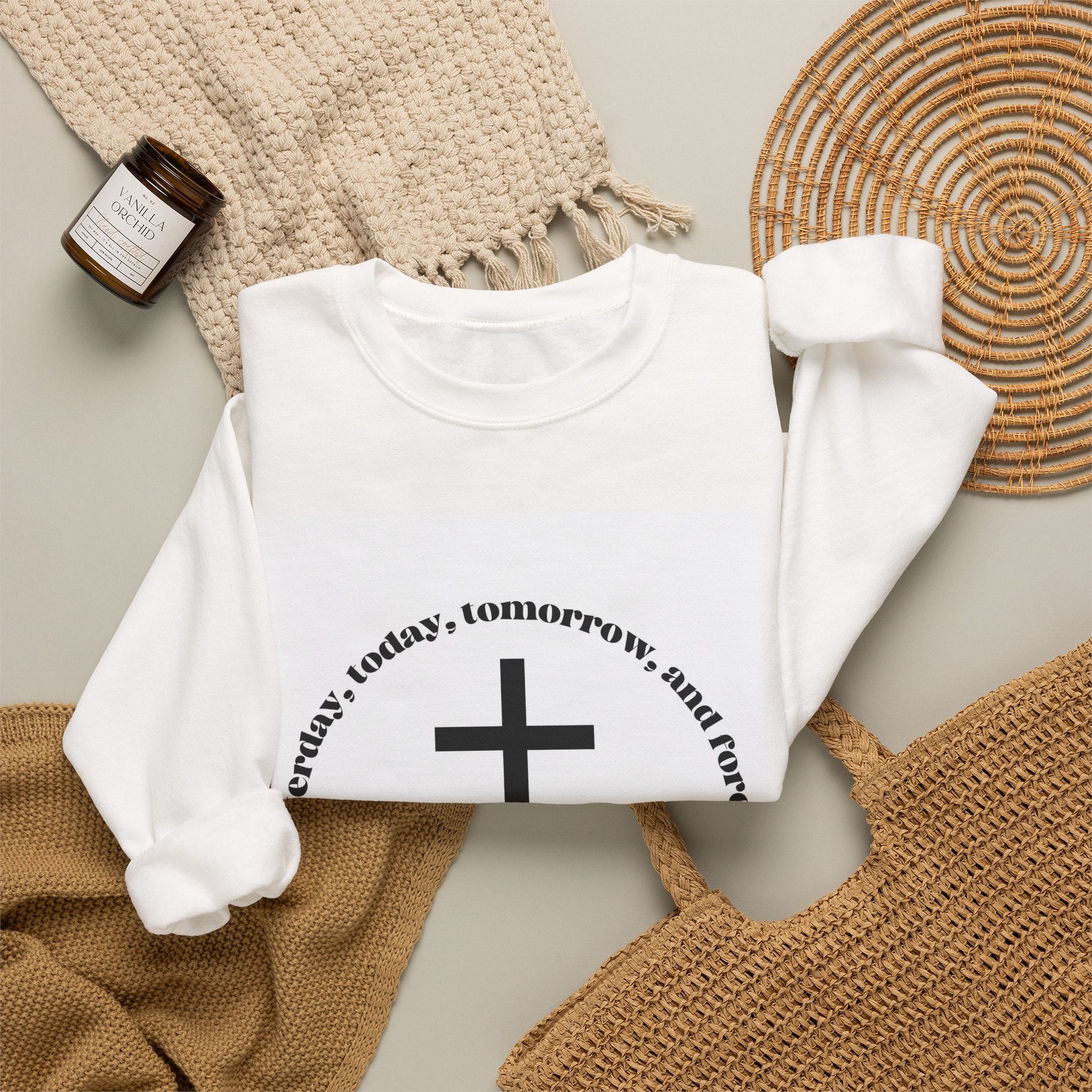Christian Cross Crewneck Sweatshirt – "Yesterday, Today, Tomorrow and Forever"