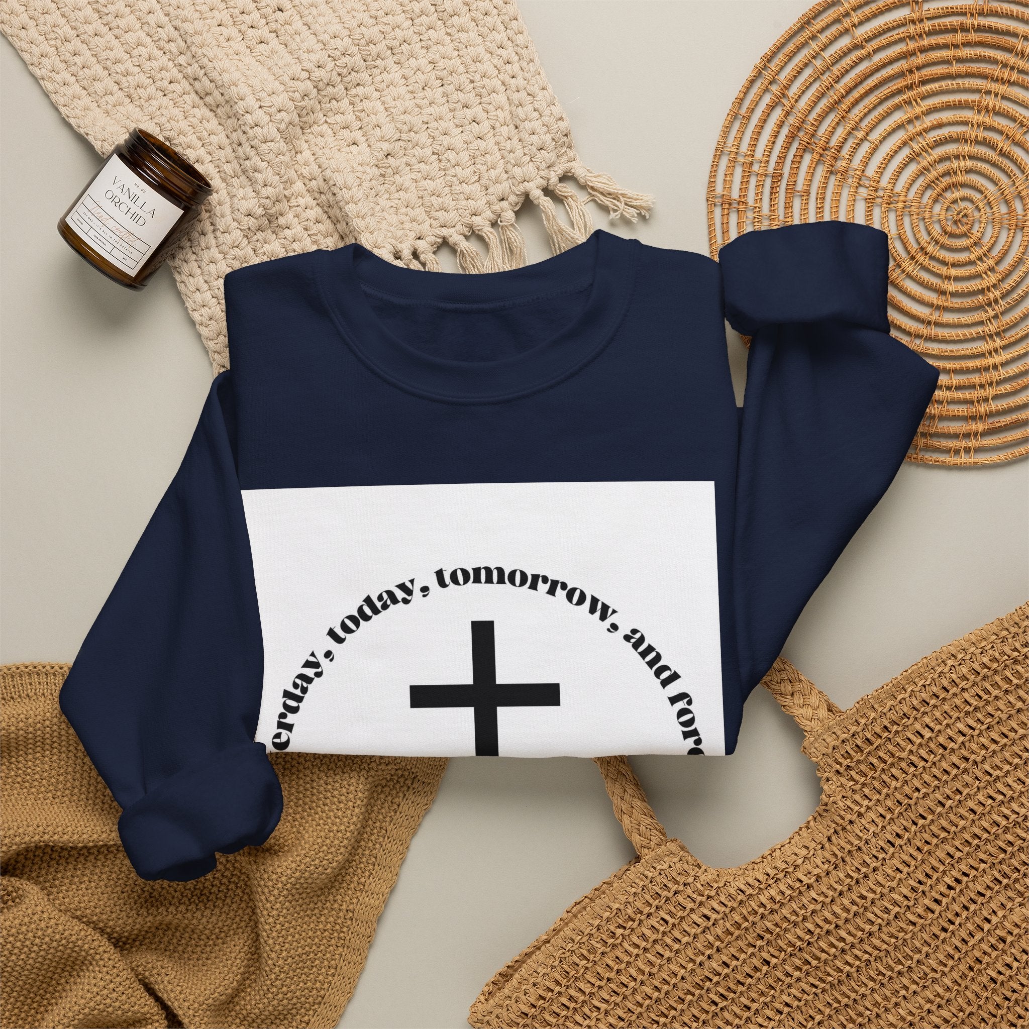 Christian Cross Crewneck Sweatshirt — “Yesterday, today, tomorrow, and forever” Inspirational Pullover