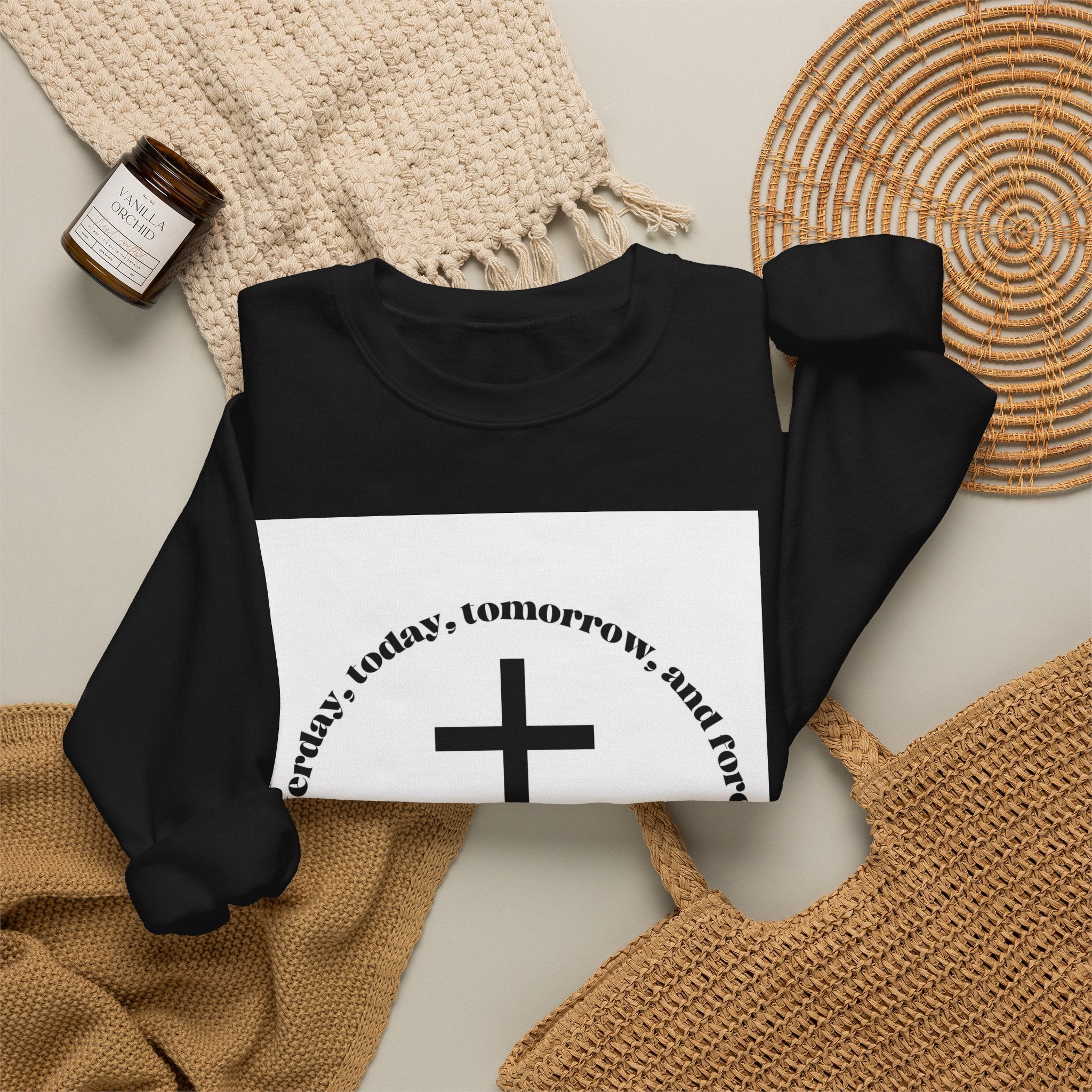 Christian Cross Crewneck Sweatshirt — “Yesterday, today, tomorrow, and forever” Inspirational Pullover