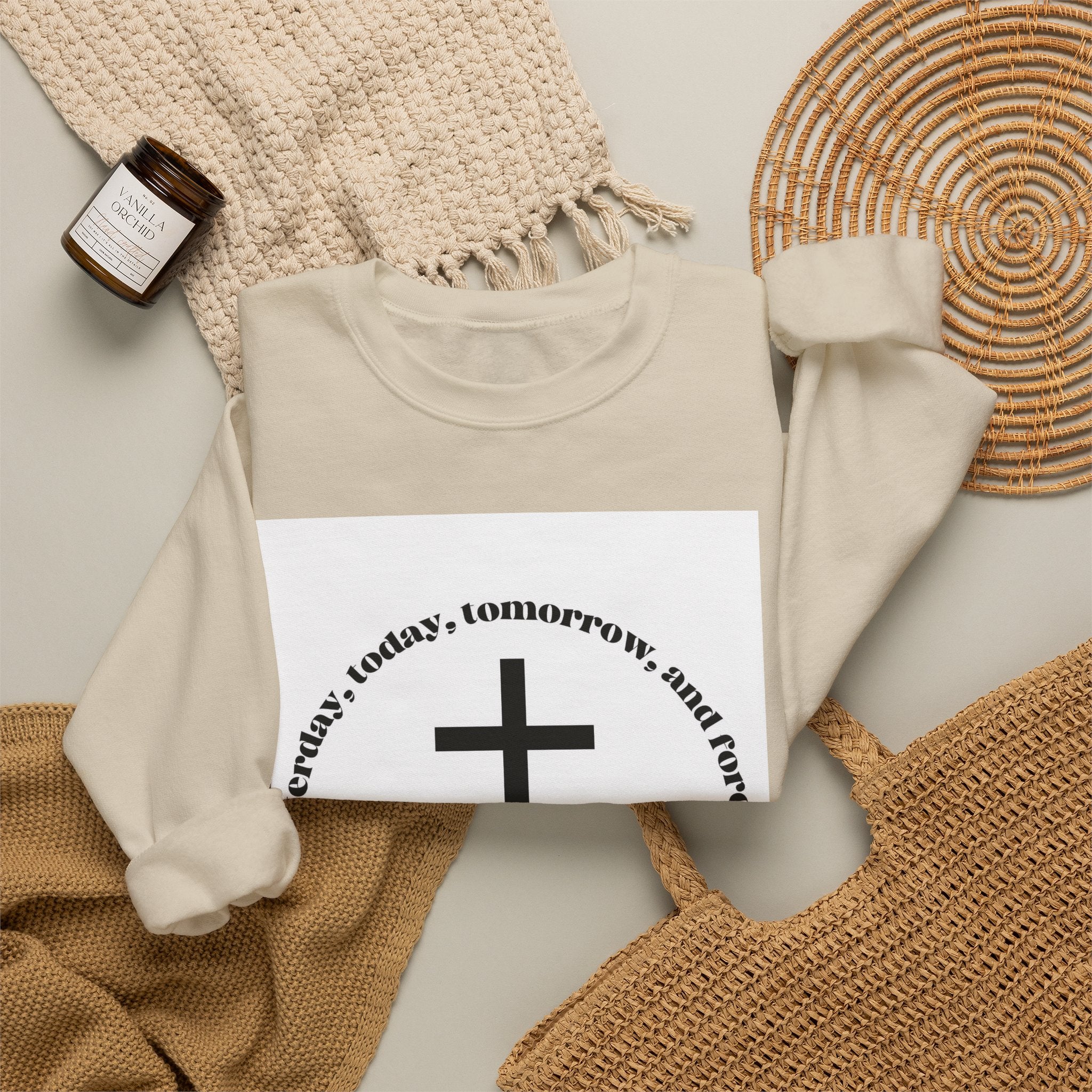 Christian Cross Crewneck Sweatshirt — “Yesterday, today, tomorrow, and forever” Inspirational Pullover