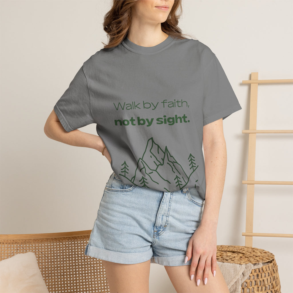 Faith Hiking T-Shirt — "Walk by faith, not by sight." Mountain Graphic