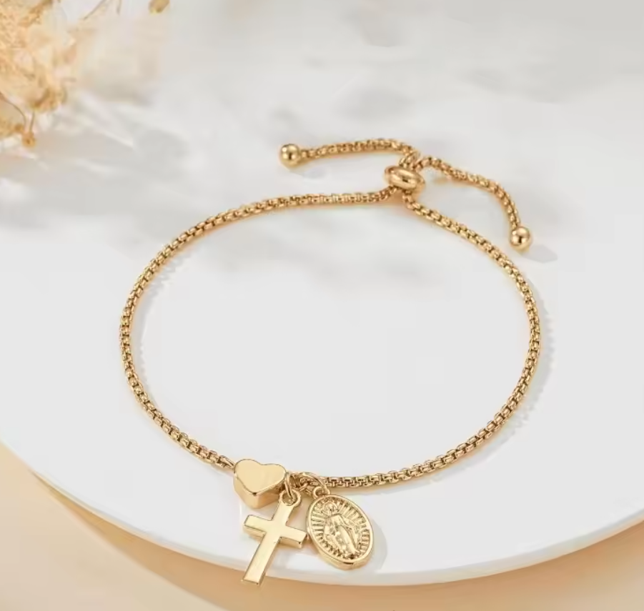 Catholic Virgin Mary Cross Heart Bracelet – Religious Faith Jewelry Gift for Women
