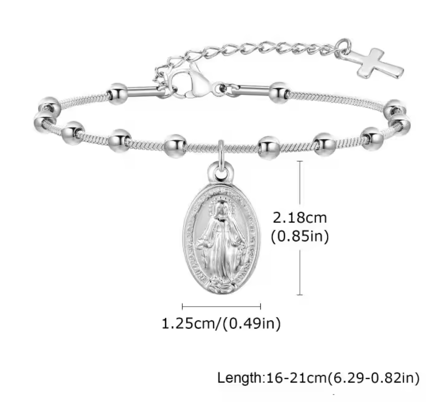 Virgin Mary Rosary Cross Bracelet for Women – Adjustable Stainless Steel Faith Jewelry