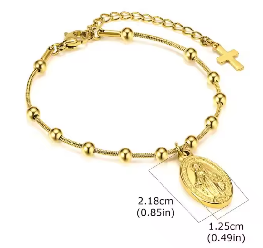 Virgin Mary Rosary Cross Bracelet for Women – Adjustable Stainless Steel Faith Jewelry
