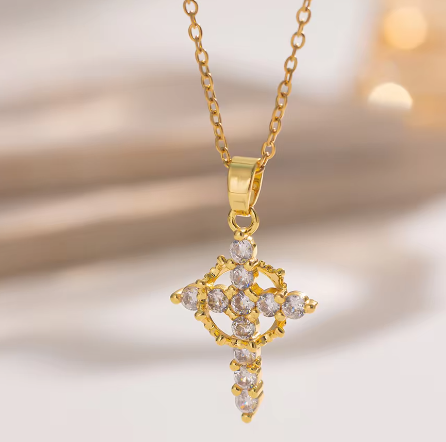 Luxury Zircon Crown Cross Necklace – Gold Color Rhinestone Faith Pendant for Women