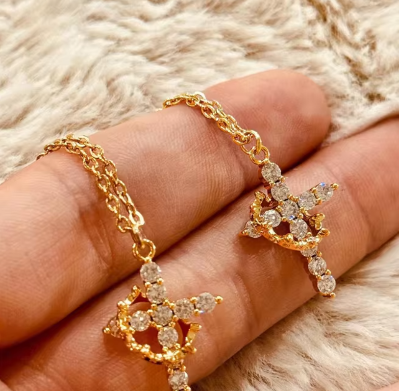 Luxury Zircon Crown Cross Necklace – Gold Color Rhinestone Faith Pendant for Women