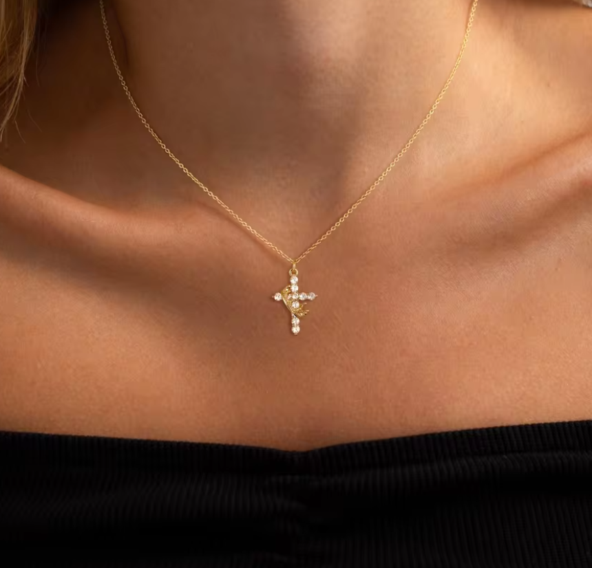 Luxury Zircon Crown Cross Necklace – Gold Color Rhinestone Faith Pendant for Women