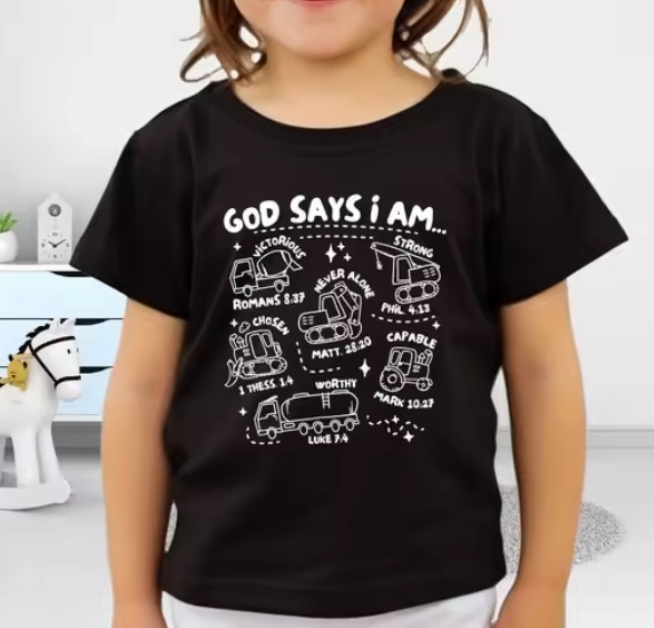 Kids 3D Construction “God Says I Am” T-Shirt – Bible Verse Religious Truck Design Christian Shirt for Boys & Girls