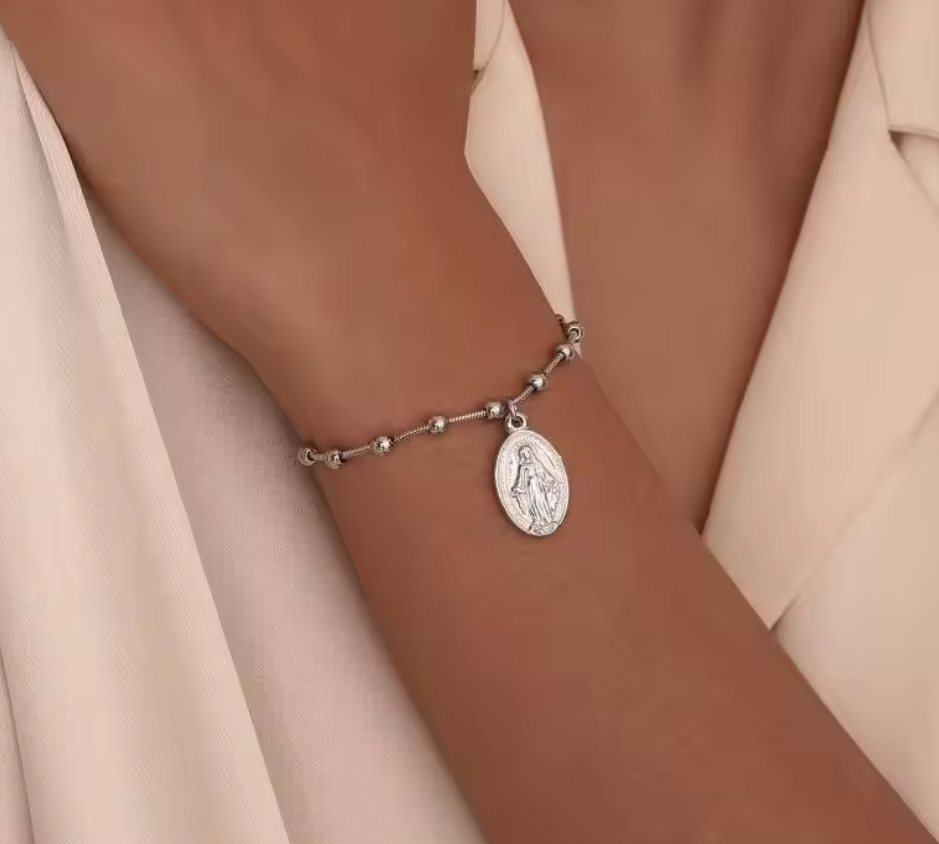 Virgin Mary Rosary Cross Bracelet for Women – Adjustable Stainless Steel Faith Jewelry