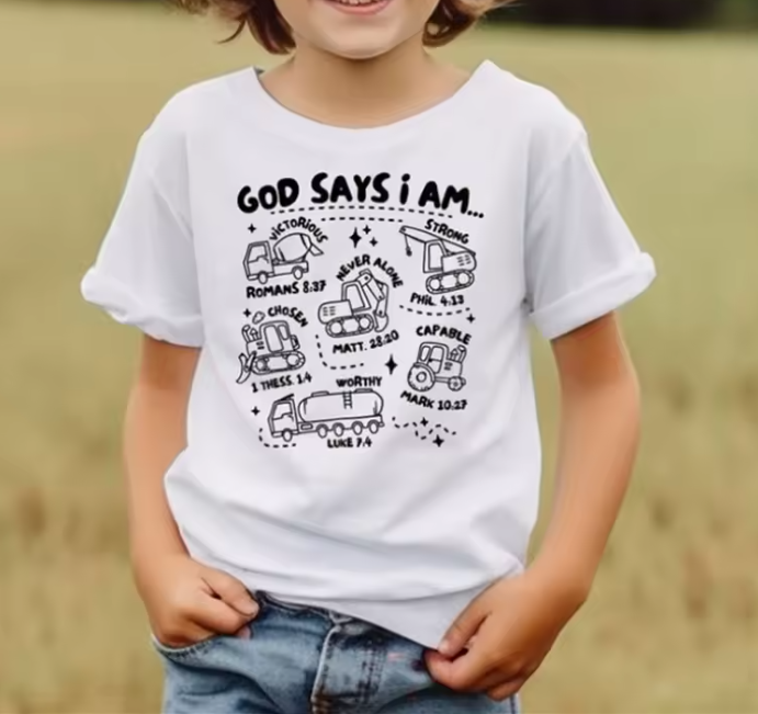Kids 3D Construction “God Says I Am” T-Shirt – Bible Verse Religious Truck Design Christian Shirt for Boys & Girls