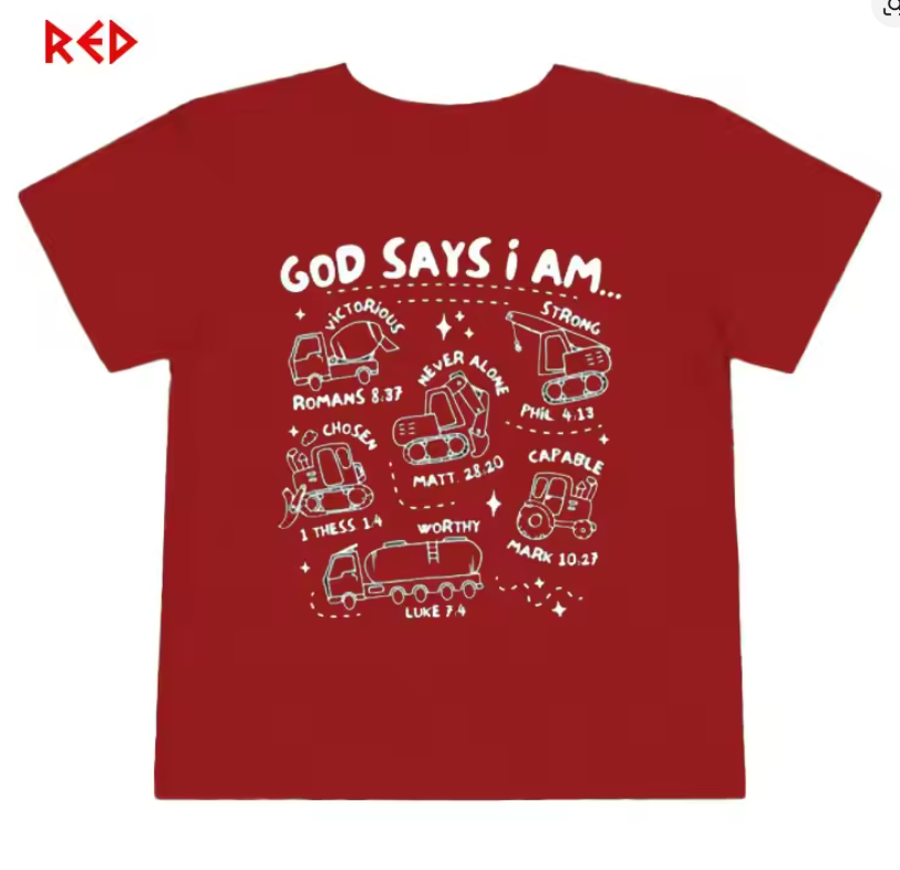 Kids 3D Construction “God Says I Am” T-Shirt – Bible Verse Religious Truck Design Christian Shirt for Boys & Girls