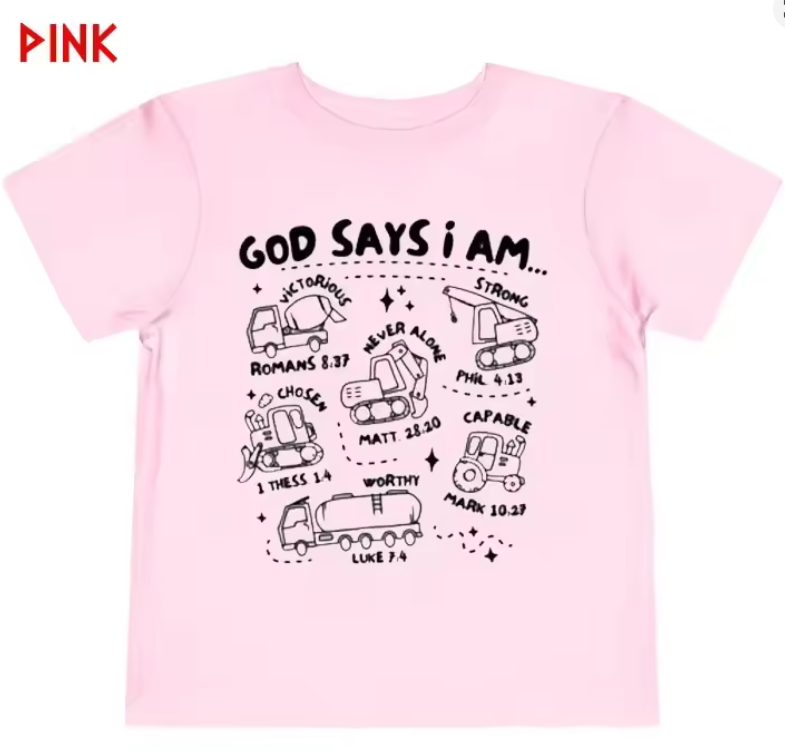 Kids 3D Construction “God Says I Am” T-Shirt – Bible Verse Religious Truck Design Christian Shirt for Boys & Girls